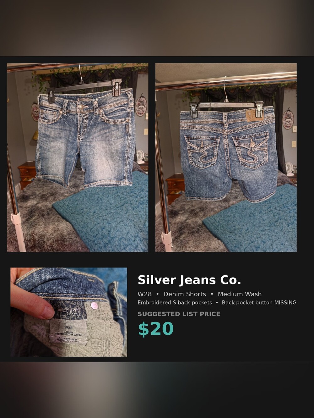 Silver Jeans Co W28 Denim Shorts Medium Wash Embroidered S Pockets